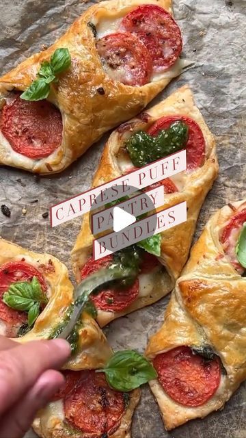 Diane Morrisey on Instagram: "A Caprese salad could take many forms. This version wraps tomatoes mozzarella basil and spinach up into a puff pastry bundle and drizzles it with a pesto oil. 

Need a simple dinner idea? Grab some Puff Pastry and channel your inner Caprese! 🍅 🌿 
Puff Pastry. Mozzarella. Tomato. Pesto. Nuff said👌
.
.
Caprese Puff Pastry Bundles 
.
.
.
2 sheets thawed puff pastry
6-7 plum tomatoes, sliced
2 cup shredded mozzarella
Grated parmesan
salt and pepper 
red chili  flakes
2 large handfuls fresh baby spinach 
1 bunch fresh basil, sliced
Egg wash (1 beaten egg mixed with 1 tbls water) 
Pesto oil (recipe to follow)

Preheat your oven to 400F. Line a baking sheet with parchment and set aside. 
On a floured surface slightly roll out the puff pastry. Cut each puff pastry Puff Pastry Tomato Mozzarella, Puff Pastry Caprese, Puff Pastry Mozzarella, Tomato And Basil Cream Cheese Puff Pastry, Caprese Puff Pastry Bundles, Puff Pastry Meals, Caprese Puff Pastry, Diane Morrisey Recipes, Easy Puff Pastry Recipes