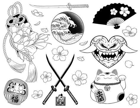 japanese tattoo designs Cool Flash Tattoo Ideas, Simple Chinese Tattoo, Tattoo Idea Japanese, Japan Theme Tattoo, Korean Style Tattoo Ideas, Patchwork Tattoo Japanese, Japanese Tattoo Flash Art, Japan Anime Tattoo, Japanese Tattoo Flash Sheet