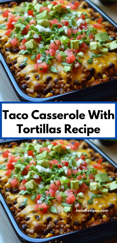 Need a simple yet satisfying meal? This Taco Casserole With Tortillas is a hit among kids and adults alike. With minimal prep time, it’s the perfect solution for easy weeknight family dinners. Taco Bake With Tortillas, Tacos Casserole, Casserole With Tortillas, Taco Casserole With Tortillas, Taco Casserole Bake, Tortilla Casserole, Tortillas Recipe, Taco Bake, Taco Casserole