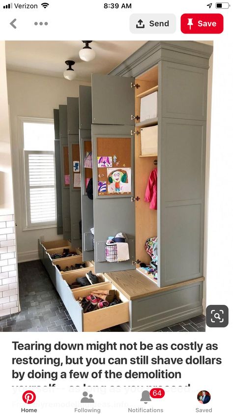 Mudroom Storage Shoes, Mudroom Ideas Lockers, Laundry Room Pantry Organization, School Lockers In Mudroom, Mudroom Shoe Storage Drawers, Mudroom Enclosed Storage, Mud Room Ideas Shoes, Jacket And Shoe Closet Organization, Entrance Sitting Bench