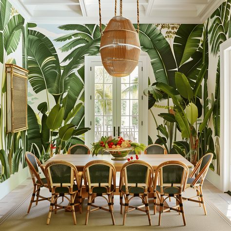 Tropical Oasis Dining Room Concept Tropical Dining Room Ideas, Tropical Wallpaper Dining Room, Jungle Dining Room, Tropical Dining Room, Palette Green, Tropical Interiors, Tropical Glam, Room Concept, Hawaiian Decor