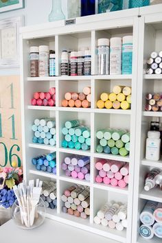 Something Turquoise Craft Room and Blog Office... with all the Martha Stewart paint you could dream of! Room Work, Small Craft Rooms, Craft Shed, Thrifty Decor Chick, Sewing Room Design, Soul Design, Dream Craft Room, Craft Room Design, Paint Storage