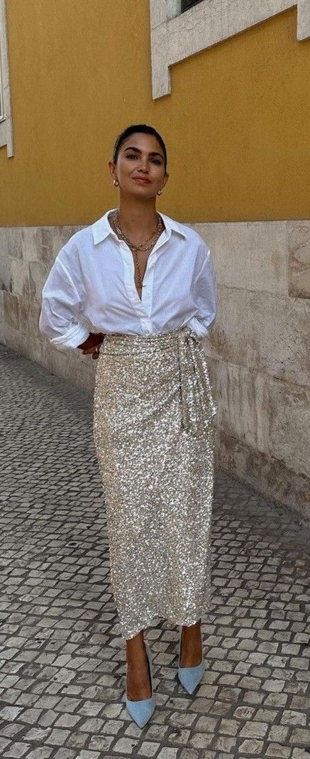 Silver Sequins Skirt Outfit, Silver Shirt Outfit, Sequins Skirt Outfit, Silver Sequin Skirt Outfit, Sparkly Skirt Outfit, Silver Skirt Outfits, Sparkling Skirt, Silver Sequin Skirt, Sparkly Skirt