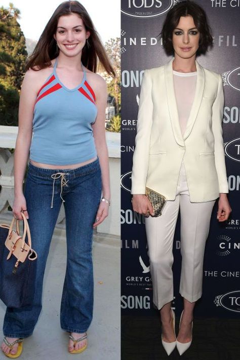 Looking to transform your style? Take note from these 12 celebrities who drastically changed their style: Anne Hathaway: Kanye Fashion, 00s Style, Style Transformation, Belly Shirts, Makeover Before And After, Celebrity Facts, Celebrities Before And After, Style Makeover, Anne Hathaway