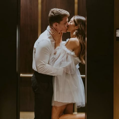 Engagement Photoshoot Elevator, Couples Photos In Elevator, Rehearsal Dinner Couple Pictures, Elevator Photoshoot Wedding, Dressy Engagement Outfits, Engagement Shoot Elevator, Old Style Engagement Photos, Elevator Elopement Photos, Formal Engagement Pictures