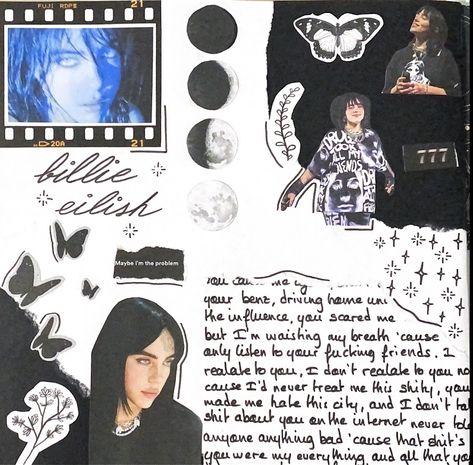 Billie Eilish Scrapbook Ideas, Billie Eilish Journal Ideas, Billie Eilish Scrapbook, Billie Eilish Journal, Ideas Bullet Journal, Room Ideas For Small Rooms, You Scare Me, Journal Bullet, Journal Stuff