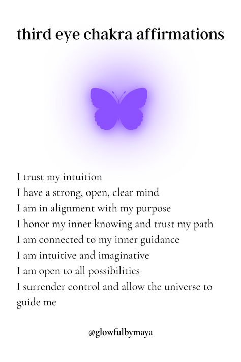 third eye chakra affirmations by glowfulbymaya [positivity grateful motivational happiness self love spirituality] 3rd Eye Affirmations, Third Eye Chakra Healing Affirmations, Third Eye Thoughts Quotes, Spiritual Growth Affirmations, Eye Color Affirmations, Daily Affirmations For Each Chakra, Third Eye Chakra Journal Prompts, Evil Eye Affirmation, Third Party Removal Affirmations