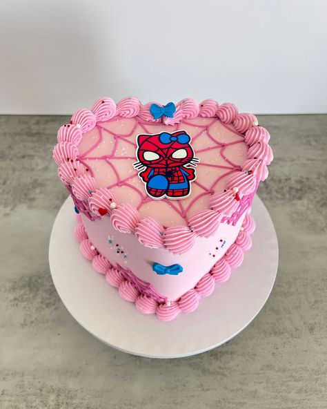 How cute is this Spider-Kitty??? Too cute!!! #Custom cakes in Orlando Fl./Tortas personalizadas en Orlando Fl #cakesinorlando #customcakesinorlando #thecitybeautifulcakes #cakeart #orlandofl #spiderkitty #spiderkittycakes Birthday Cake Creative, Pink Spider Man Cake, Spiderman And Hello Kitty Birthday Party, Character Cake Designs, Birthday Cake Baking, Cute Funny Cake Ideas, Cakes Y2k, Hello Kitty And Spiderman Cake, Girly Spiderman Cake