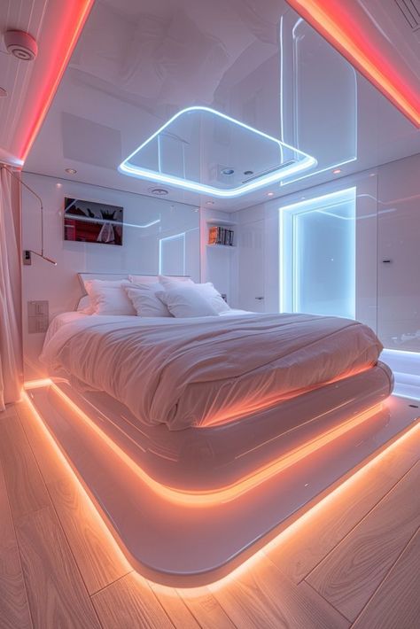 High Tech Bedroom, Futuristic Bedroom Ideas, Tech Furniture, Futuristic Bedroom, Baddie Bedroom, Baddie Bedroom Ideas, Led Panels, Minimalist Bed, Elegant Lighting Fixtures