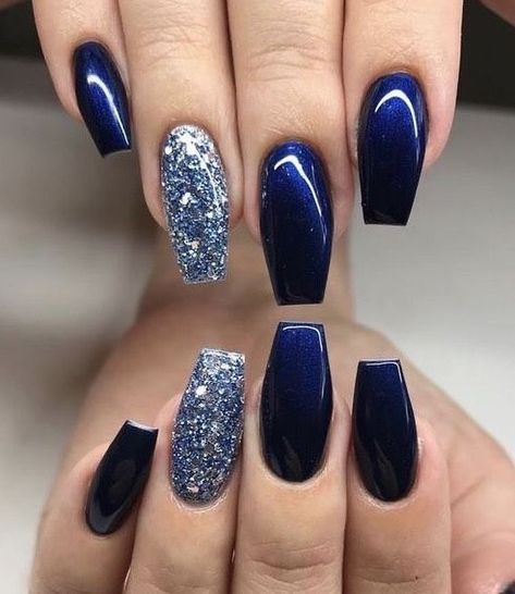 Dark Nail Designs, Blue And Silver Nails, Blue Nail Color, Silver Nail Designs, Dark Blue Nails, Navy Nails, Blue Glitter Nails, Navy Blue Nails, Blue Acrylic Nails