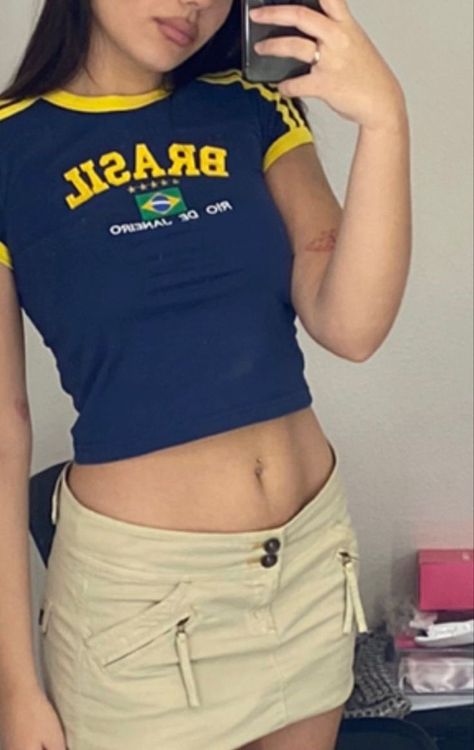 Brazil T Shirt, Gothic Crop Tops, Baby Crop Top, Streetwear Grunge, Girls Crop Tops, Jersey Outfit, Y2k Clothes, Top Streetwear, Aesthetic Women