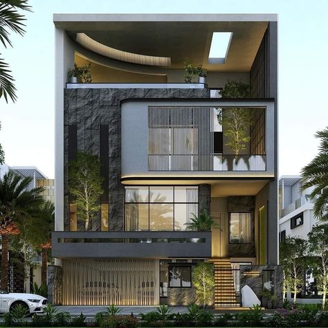 Dual House Design, Double Height Elevation Design, Balcony Elevation Design, Balcony Elevation, Building Front Designs, Church Building Design, Building Design Plan, Narrow House Designs, House Outer Design