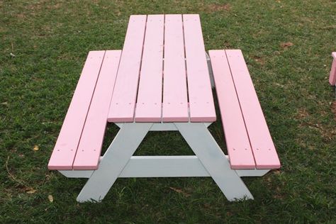 Painted Picnic Table, Kids Outdoor Table, Painted Picnic Tables, Picnic Table Makeover, Table With Bench Seat, Art Tables, Kids Picnic Table, Wooden Picnic Tables, Wooden Closet