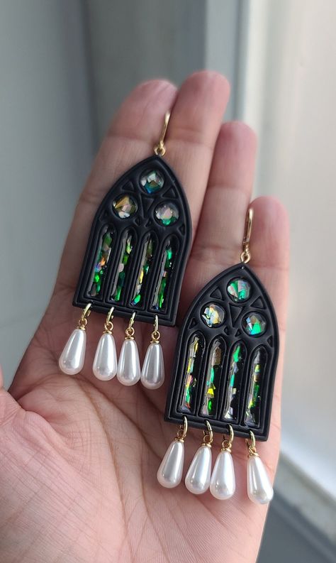 Handmade Polymerclay Gothic Cathedral windows Earrings. Proudly made in Canada. Very elegant, unique and easy to wear.  These are very well-made, lightweight and comfortable. You can wear them all day and you will love them!!   As every tiny detail is handmade, there might be variations within each earrings as no two pairs are exactly identical. Please note the colors might differ slightly from pictures here due to different phone/computer screens, each piece may vary slightly in color from phot Gothic Cathedral Windows, Cathedral Earrings, Bookish Earrings, Gothic Window, Witchy Earrings, Polymer Clay Embroidery, Gothic Cathedral, Bath Store, Cathedral Windows