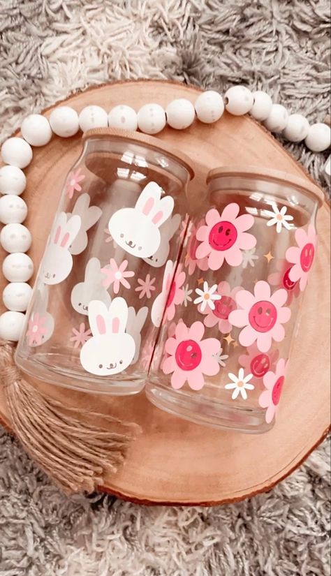 Cute glass coffee cup, easter bunny cup, pink flower cup, pink smiley flower cup, pink aesthetic coffee cup, girly coffee cup, girly tumbler, easter tumbler  cup Barbie Glass Cup, Glass Cup Painting Ideas Aesthetic, Libbey Cup Designs, Drawing On Glass Cups, Barbie Cups, Cricut Glass Cups, Glass Cup Painting, Vasos Aesthetic, Aesthetic Glass Cup