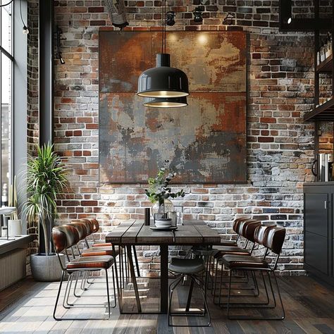 Industrial Interior Design Dining Room, Industrial Dinner Room, Brick Dining Room Wall, Industrial Modern Interior, Rustic Industrial Dining Room, Brick Dining Room, Tuileries Palace, Industrial Modern Bedroom, Dining Room Wall Decor Ideas