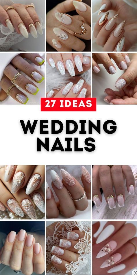 Trendy Nails For Wedding, Simple Wedding Nails Almond, Long Bride Nails, Bridal Nails Wedding Almond, Bride Nails Beach Wedding, Bridal Nail Inspiration, Nail Design For Engagement, Square Wedding Nails For Bride, Wedding Nails Pearl Brides