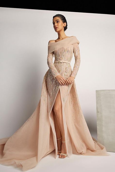 Rami Al Ali, Dresses Off The Shoulder, Silk Tulle, Sequin Evening Dresses, Spring Summer 2022, Nude Color, Summer 2022, Couture Collection, Couture Dresses