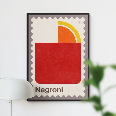 Negroni Stamp Print with Vintage Texturing, Retro Style Negroni Cocktail Poster, Unique Negroni Wall Art, Cocktail Lovers Gift Negroni Illustration, Minimal Bar, Bar Cart Wall, Negroni Cocktail, Art Cocktail, Poster Flat, Stamp Print, Mid Century Minimalist, Cocktail Poster