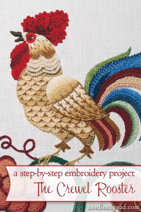 Do you love crewel embroidery? Are you wondering what types of wool threads are available to embroider with? Or are you just a fan of roosters? The Crewel Rooster is a crewel embroidery project developed step-by-step on Needle 'n Thread, with all the techniques, materials, tips, and tricks laid out for you. You can follow the project and create your own crewel rooster masterpiece, or just pick up some good tips for your own embroidery projects! Crewel Embroidery Tutorial, Jacobean Embroidery, Crewel Embroidery Patterns, Crewel Embroidery Kits, Wool Embroidery, Learn Embroidery, Bird Embroidery, Brazilian Embroidery, Silk Ribbon Embroidery