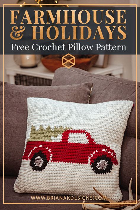 Truck Crochet, Christmas Couch, Crocheted Pillow, Farmhouse Truck, Truck Decor, Pillow Covers Pattern, Crochet Unique, Crochet Pillow Cover, Crochet Cushion Cover