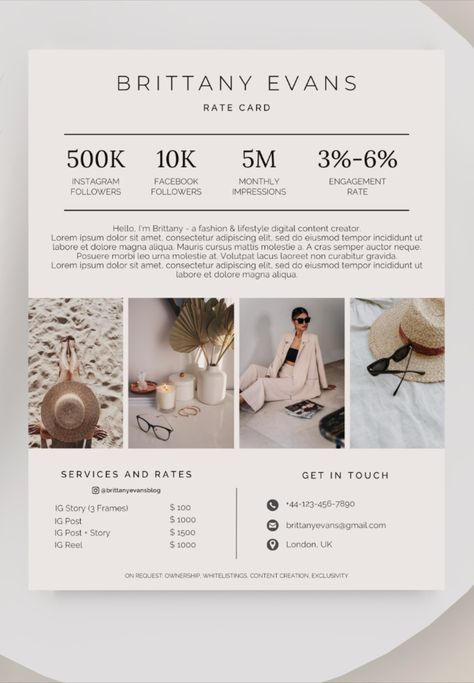 Beige Minimalist Rate Card Template | Instagram Rate Sheet for Influencer | Modern Price List | Canva Media Kit Template Influencer Price List, Content Creator Pricing, Podcast Graphics, Testimonial Graphic, Media Kit Design, Instagram Rates, Rate Card, Free Social Media Templates, Digital Content Creator