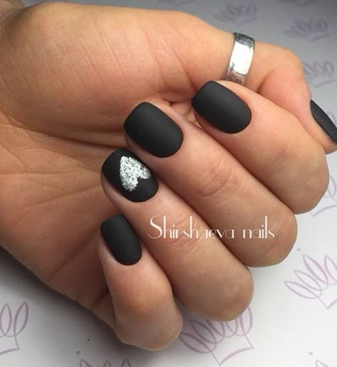 Black Gel Short Nails, Cute February Nails Black, Matte Black Nails With Heart, Valentine Matte Nails, Nail Ideas For Nashville, February Nails Ideas Black, Valentines Nails With Black, Matte Glitter Gel Nails, Emo Nail Ideas Short