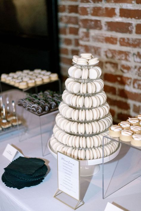 Macaron Tiered Display With Other Sweets on Dessert Table Clear Dessert Display, Macaron Table Display, Wedding Macarons Display, Wedding Dessert Table Ideas Elegant, Black And White Dessert Table, Macarons Wedding, Wedding Dessert Display, Wedding Dessert Table Ideas, Macaron Display