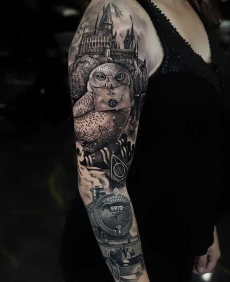 Harry Potter Back Tattoos For Women, Harry Potter Tattoos Realistic, Harry Potter Full Leg Tattoo, Harry Potter Full Sleeve Tattoos, Harry Potter Leg Tattoos Women, Harry Potter Newspaper Tattoo, Harry Potter Realism Tattoo, Harry Potter Sleeves, Harry Potter Tattoos Hedwig