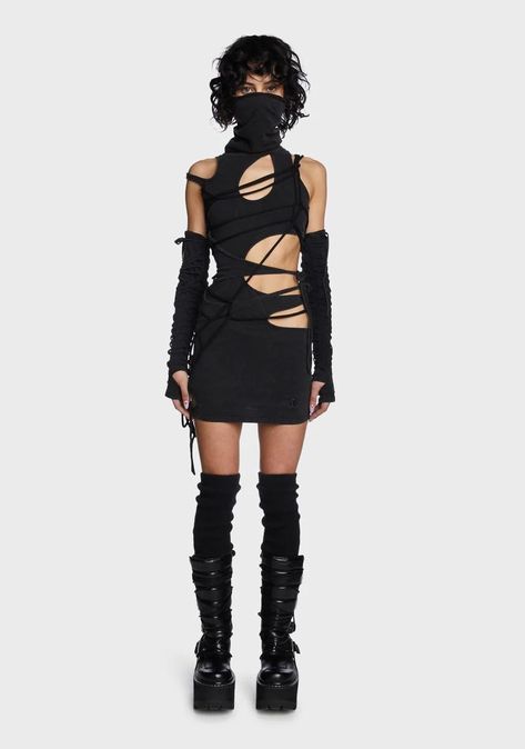 Africa Burn, Subversive Basics, Techno Outfit, Distressed Dress, Rave Fits, Asymmetrical Cut, Futuristic Fashion, Cut Out Dress, Long Gloves