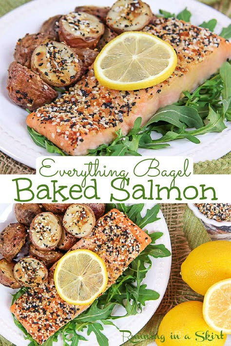 Everything But the Bagel Salmon is the perfect weekday meal.  This healthy baked salmon recipe is made with just FIVE ingredients and is ready in 15 minutes.  You'll love the bright flavors from lemon and classic everything bagel seasoning. Everything Bagel Seasoning Recipes Fish, Salmon Everything Bagel Seasoning, Everything But The Bagel Seasoning Recipes, Everything But The Bagel Salmon, Low Cholesterol Salmon Recipes, Salmon Everything Bagel, Easy Healthy Salmon Recipes, Pescatarian Low Carb, Everything Bagel Salmon