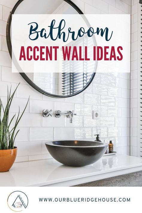 The best, trending, bathroom accent wall ideas. Shiplap, tile, stone, and wallpaper are great for big and small spaces. #bathroom #accentwalls #shiplap #tile #stone #wallpaper Half Bath Accent Wall, Shiplap Tile, Bathroom Design With Wallpaper, Tile Accent Wall Bathroom, Bathroom Accent Wall Ideas, Bathroom Wallpaper Inspiration, Powder Room Accent Wall, Bathroom Wallpaper Vintage, Bathroom Wallpaper Trends