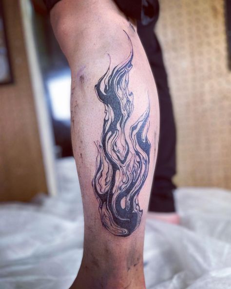 Water Fire Tattoo Ideas, Black Fire Tattoo Design, Blackwork Fire Tattoo, Tattoos Of Fire, Ember Tattoo Fire, Black And White Flame Tattoo, Fire Themed Tattoos, Fire Leg Tattoo, Black And White Fire Tattoo