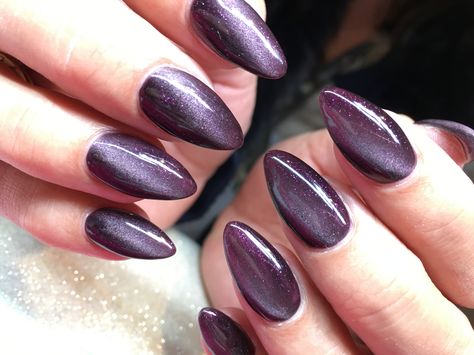 Purple cateye Dark Purple Cateye Nails, Dark Purple Cat Eye Nails, Purple Almond Nails, Cateyes Nails, Cateye Nails, Magnetic Nails, Nail Colours, Purple Cat, Cat Eye Nails