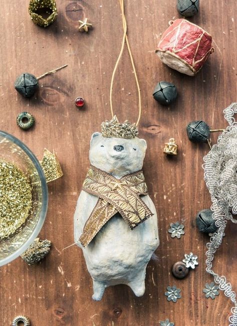 Spun Cotton Ornaments, Glass Crown, Paper Mache Christmas, Cotton Ornaments, Paper Mache Animals, Paper Mache Art, Paper Mache Crafts, Cotton Crafts, Clay Ornaments