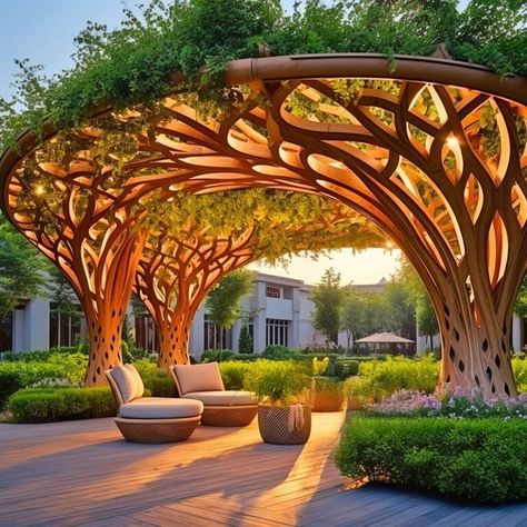 Transform Your Backyard into a Whimsical Forest with Enormous Tree-Shaped Pergolas Modern Pergola Design Architecture, Forest Park Design, Nature Architecture Concept, Outdoor Stage Design, Bangalore Cafe, Amphitheater Design, Fantasy Bridge, Backyard Stage, Landscape Pavilion