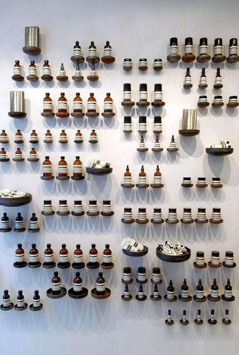 wall installation, merchandising, the proper way to display toiletries Aesop Store, Store Concept, Retail Inspiration, Paris Shopping, Retail Interior, Merchandising Displays, Visual Display, Store Displays, Display Design