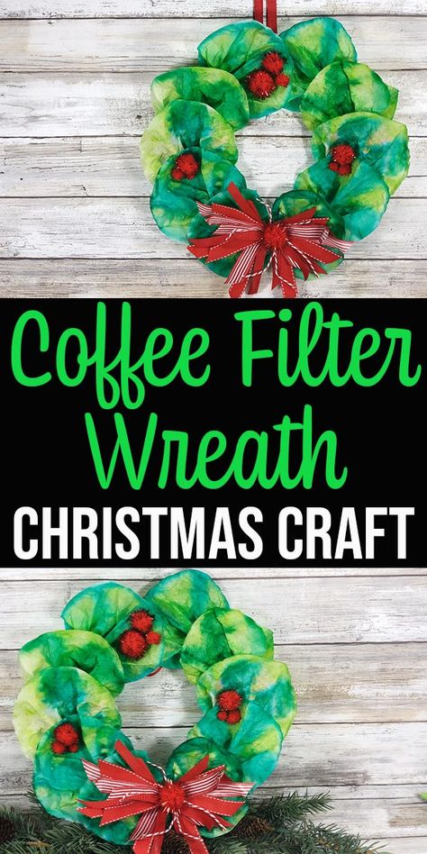 This Coffee Filter Wreath is a cute Christmas craft for kids of all ages. Transform coffee filters and a paper plate into a colorful wreath decoration. These are easy to make and look so pretty when finished. You can create this coffee filter craft in about 30 minutes (plus drying time) with help from the kids! Great project to do with preschool and kindergarten children. Schoolage Christmas Craft, Christmas Gift For Preschoolers, Preschool Christmas Ornaments Easy, Holiday Classroom Craft Ideas, Elementary Age Christmas Crafts, Crafts To Do With Coffee Filters, Christmas Crafts Coffee Filters, Christmas Crafts In The Classroom, Class Christmas Projects