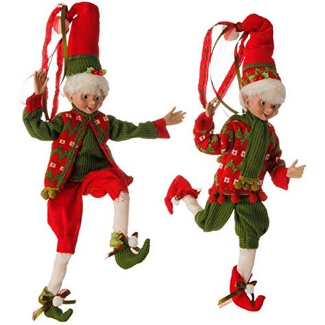 RAZ Imports Red and Green Holly Posable Elf Set Raz Elves, Raz Imports Christmas, Posable Elf, Elf Christmas Decorations, Elf Tree, Elf Decorations, Raz Imports, Christmas Elves, Elf Clothes