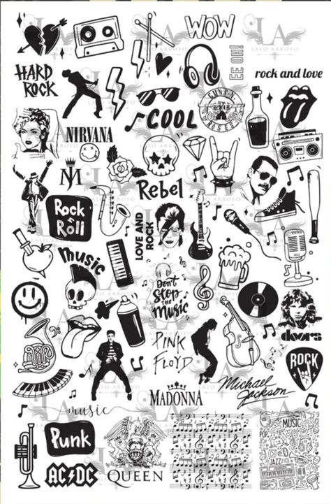 Ozzy Inspired Tattoos, Rock N Roll Inspired Tattoos, Small Rockstar Tattoo, 80s Rock Band Tattoos, Rock Roll Tattoo Ideas, David Bowie Converse, Tattoo Ideas Bands Music, 80s Music Tattoo Ideas, Rock And Roll Tatoos