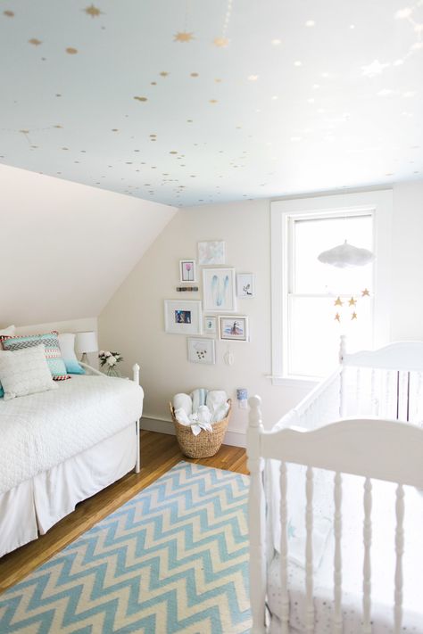 Blue Ceiling Bedroom, Starry Nursery, Blue Girls Rooms, Girls Blue Bedroom, Starry Ceiling, Nursery Tour, Blue Ceilings, Star Ceiling, Rainbow Room