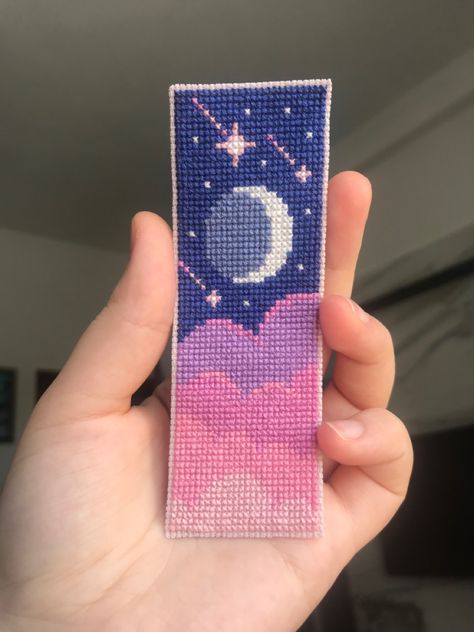 Handmade cross stitch bookmark #bookmark #crossstitch #sailormoon Anime Cross Stitch Bookmark, Night Sky Cross Stitch, Cross Stitch Bookmark Ideas, Embroidery Bookmark Pattern, Cross Stitch Bookmark Patterns Free Charts, Beginner Cross Stitch Patterns Free, Sailor Moon Cross Stitch, Pixel Moon, Cross Stitch Bookmark Patterns