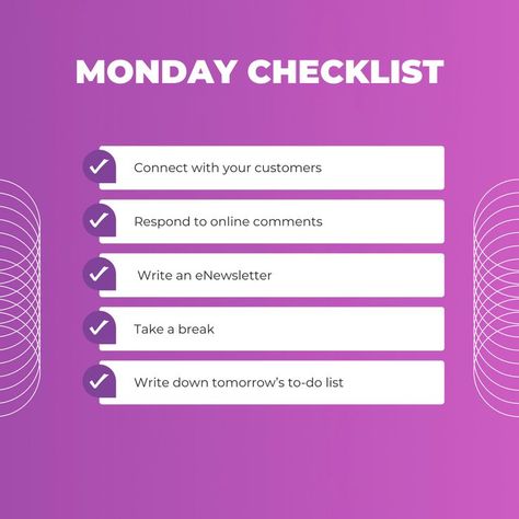 Your Monday checklist: ✔️Connect with your customers ✔️ Respond to online comments ✔️ Write an eNewsletter ✔️ Take a break ✔️ Write down tomorrow’s to-do list Let us know what else is on your list! Todo List, Take A Break, To Do, Email Marketing, To Do List, Take A, Take That, Let It Be, Marketing