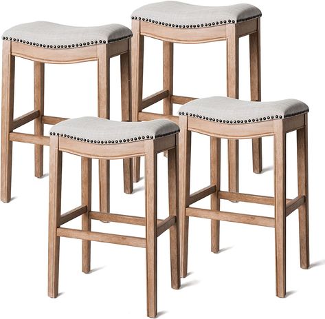 Maven Lane Adrien Backless Saddle Kitchen Bar Stool 31'' H, Weathered Oak Finish and Sand Fabric, Nail Head Trim Design, Set of 4 (4 x ML100153-FBS-WO) Saddle Bar Stools, Saddle Stools, Backless Bar Stools, Bar Height Stools, Weathered Oak, Traditional Furniture, Kitchen Stools, Kitchen Bar Stools, Bar Height