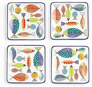 Euro Ceramica FreshCatch Collection 7.25" Canape Plates, Set of 4 - Indoor/Outdoor Use - Colorful Cute Fish Pattern on White, Standard, (FRC-86-3920) Ceramic Fish Plate, Fishing Decals, Appetizer Plate, Fish Plate, Ceramic Fish, Cute Fish, Fish Patterns, Appetizer Plates, Fresh Fish