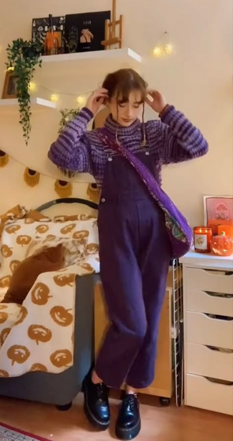 Artist Clothing Aesthetic, Craft Inspired Outfits, Astro Boots Outfit, Artsy Eclectic Fashion, Checkered Overalls Outfit, Amity Inspired Outfits, Funky Retro Outfits, Purple Overalls Outfit, Colorful Whimsigoth Outfits