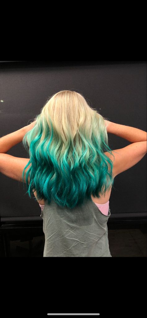 Teal Hair Ombre Blonde, Teal Blonde Hair, Teal Roots Blonde Hair, Blonde Hair With Teal Tips, Blonde And Turquoise Hair Highlights, Blonde Hair With Colored Tips Dip Dyed, Teal And Blonde Hair, Blonde And Teal Hair, Green Hair Ombre