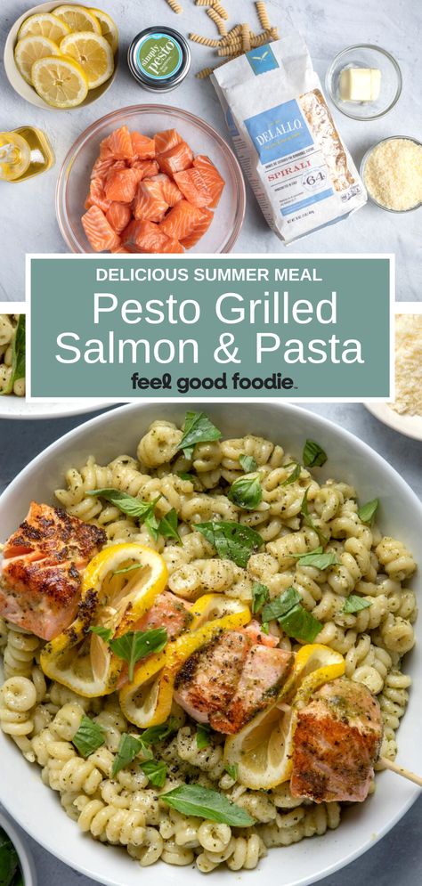 Easy and simple to make, pesto grilled salmon is cooked on the grill and then served on a bed of creamy pasta for a delicious summer time meal #Sponsored #DelalloFoods | Delallo Pasta | Pasta Recipes | Pesto with Pasta | Seafood Recipes | Grilling Salmon | Salmon Skewers | Salmon Pesto Fish Pesto Recipes, Pesto Salmon Pasta Recipes, Salmon Meal Recipes Dinners, Summer Salmon Recipes Healthy, Grilled Pesto Salmon Recipes, Salmon With Pesto Pasta, Grilled Salmon Pasta Recipes, Baked Salmon Pasta Recipes, Healthy Dinner Seafood