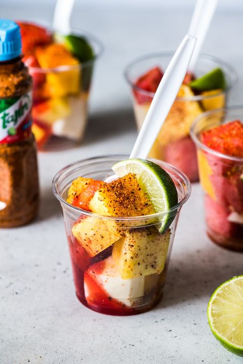 Mexican Fruit Cups, Steak Fajita Marinade, Mexican Fruit, Chamoy Sauce, Isabel Eats, Fajita Marinade, Best Fruit Salad, Mexican Snacks, Steak Tacos