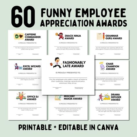 Buy Funny Employee Appreciation Awards 60 Printable Staff Recognition Certificates, Funny Gift for Employee and Colleagues, Coworker Gift Tags Online in India - Etsy Fun Employee Appreciation Ideas, Employee Appreciation Awards, Work Team Building Activities, Work Team Building, Staff Awards, Funny Awards, Employee Recognition Awards, Employee Awards, Employee Safety